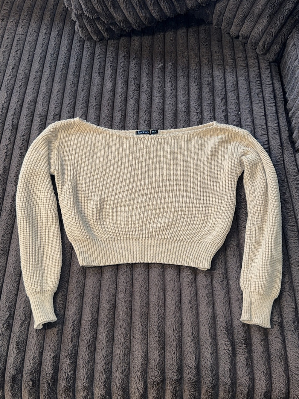 Boohoo Cream Cropped Boat Neck Knit Sweater